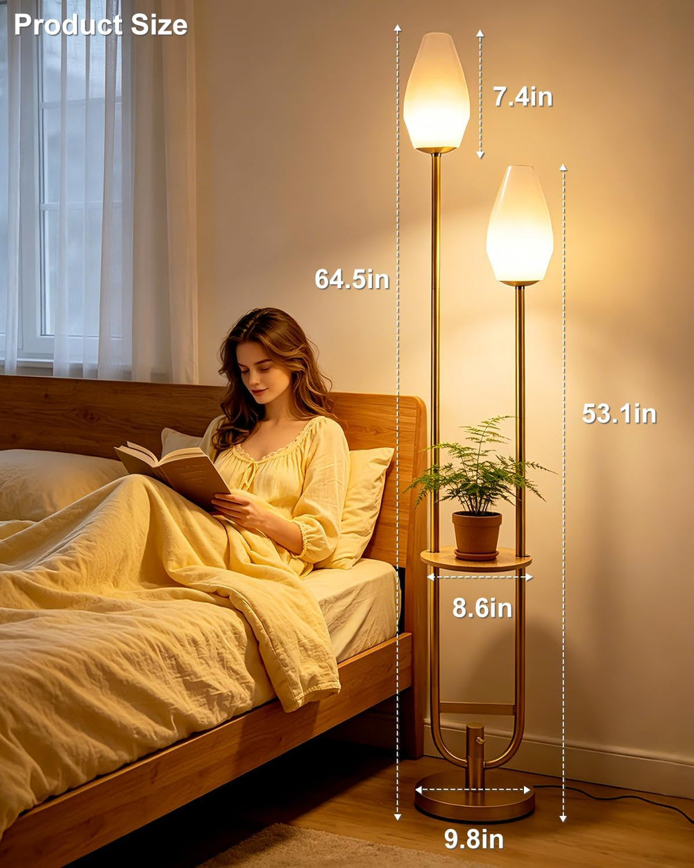 Lightdot 63IN Gold Floor Lamp with Shelf Mid Century Tall Standing Lamps with...