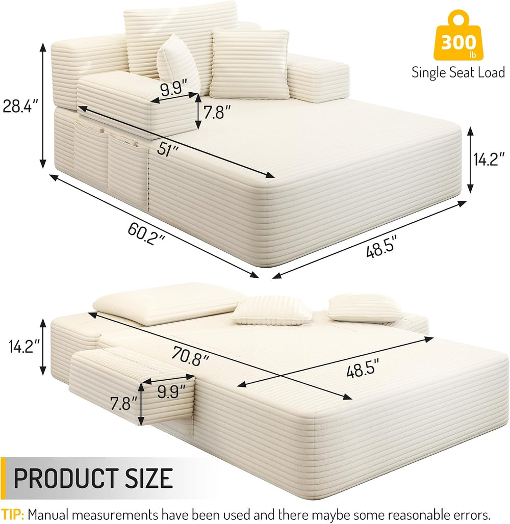 Oversized Chaise Lounge Chair Indoor, 60”,White | Corduroy Convertible Floor ...