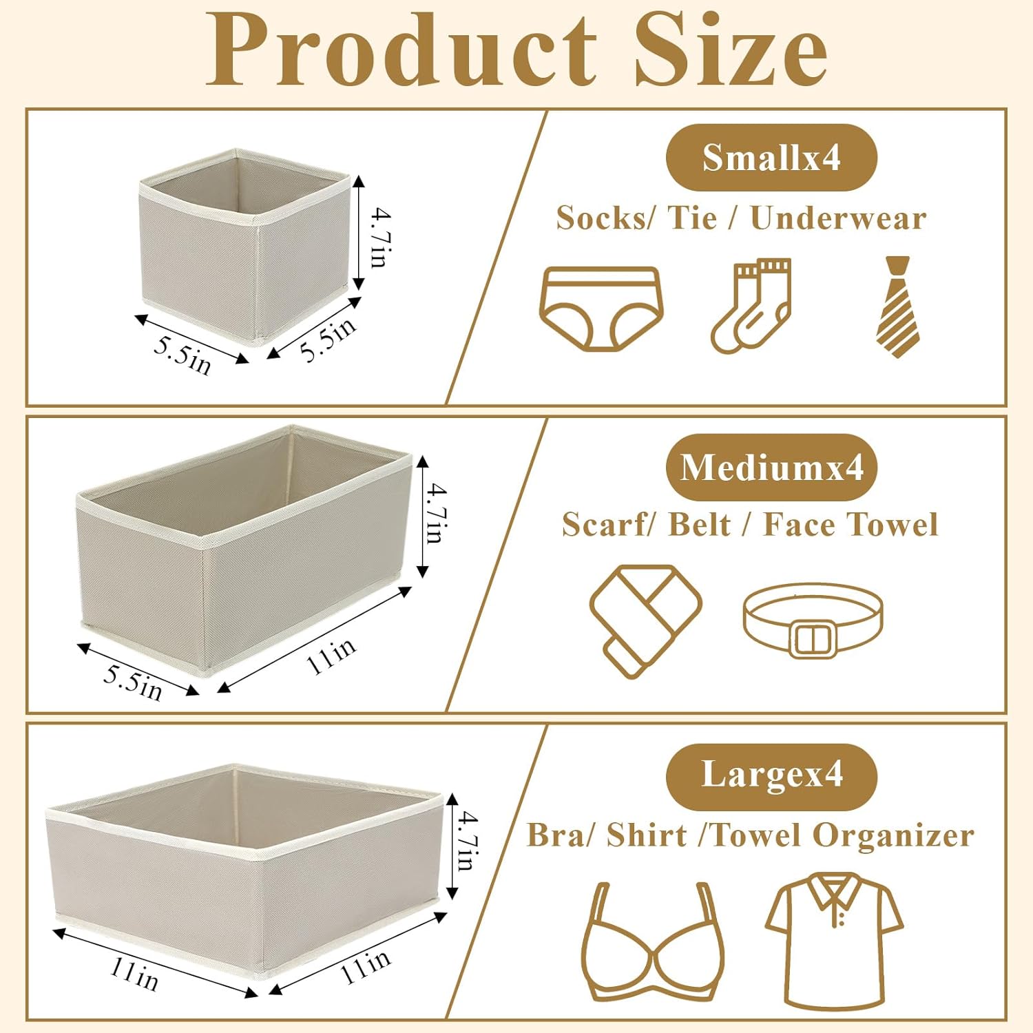 SHENLIU 12 Pack Foldable Cloth Storage Box, Drawer Organizer Clothes, Underwear Organizer, Closet Organizers and Storage Dresser Dividers for Clothes Underwear Bras Socks Lingerie Clothing, Beige