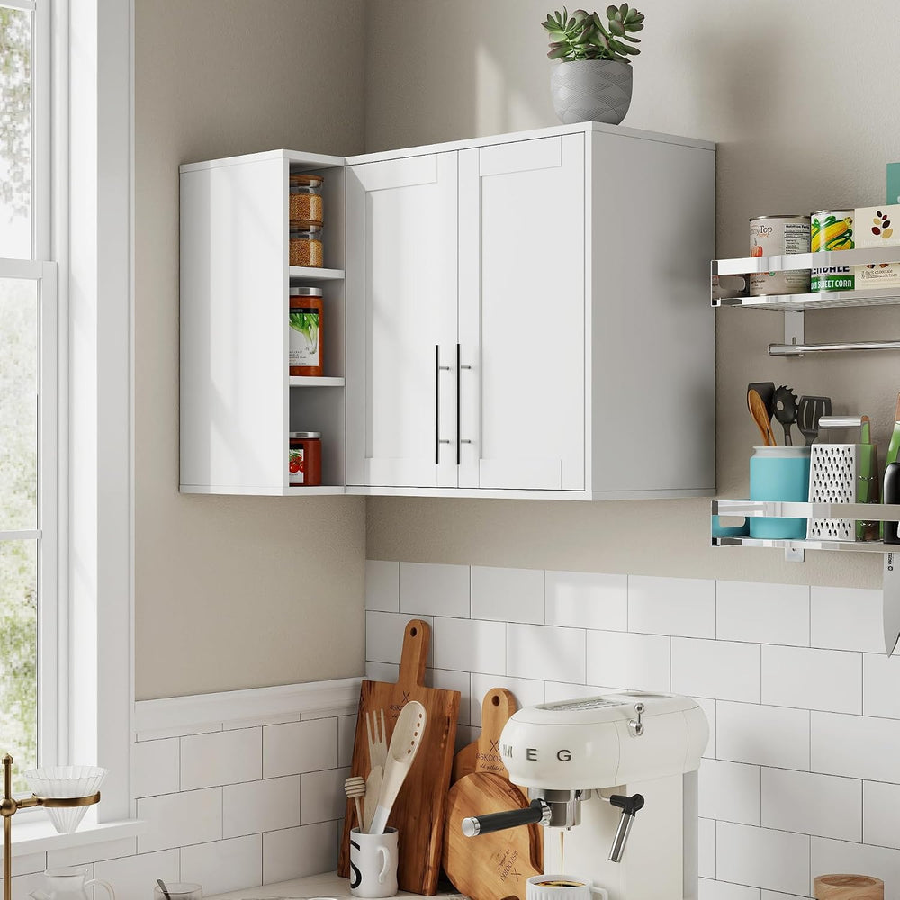L Shape Wall Mounted Storage Cabinet, White Floating Sideboard Buffet Cabinet...
