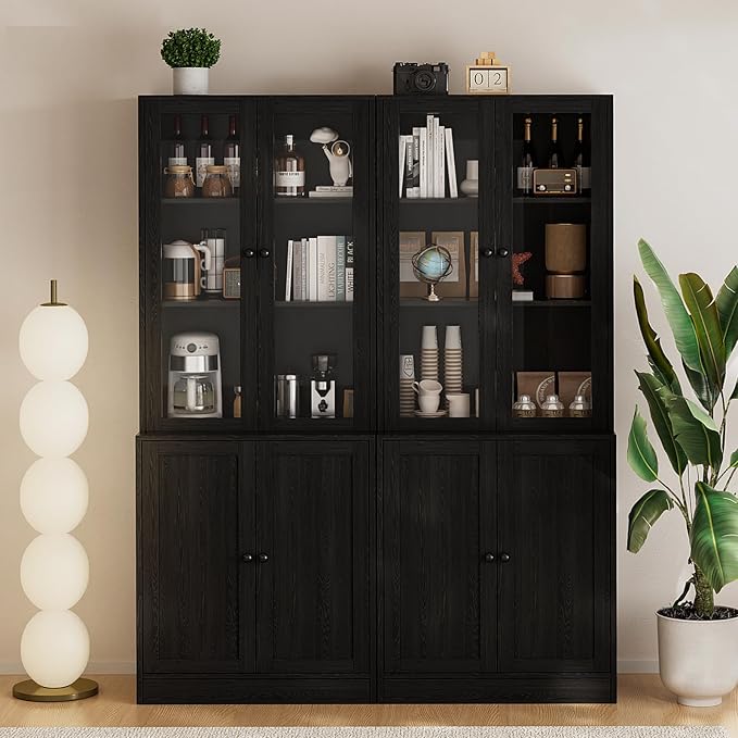 TUSY 71" TV Stand Storage Set - 2 Tall Bookcases & 2 Side Cabinets, Media Console with Glass & Wood Doors, Entertainment Center with Drawers, Tall Media Console for Living Room (Black, ADDA)