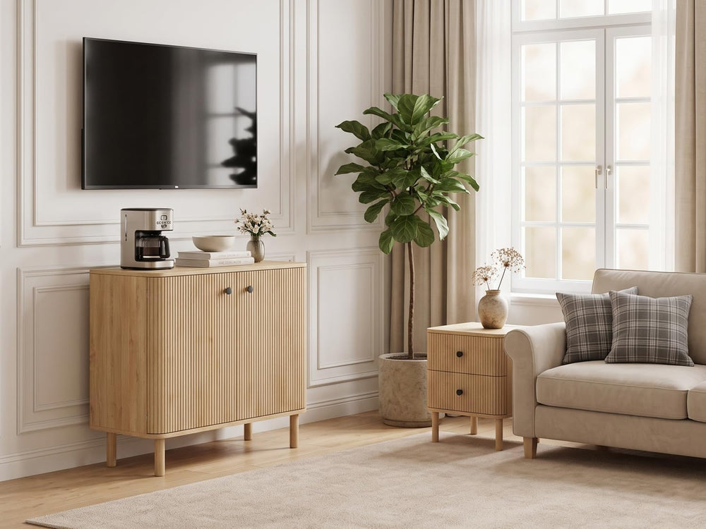 Fluted Sideboard Buffet Cabinet with Storage, 31'' Natural Oak Wood B...