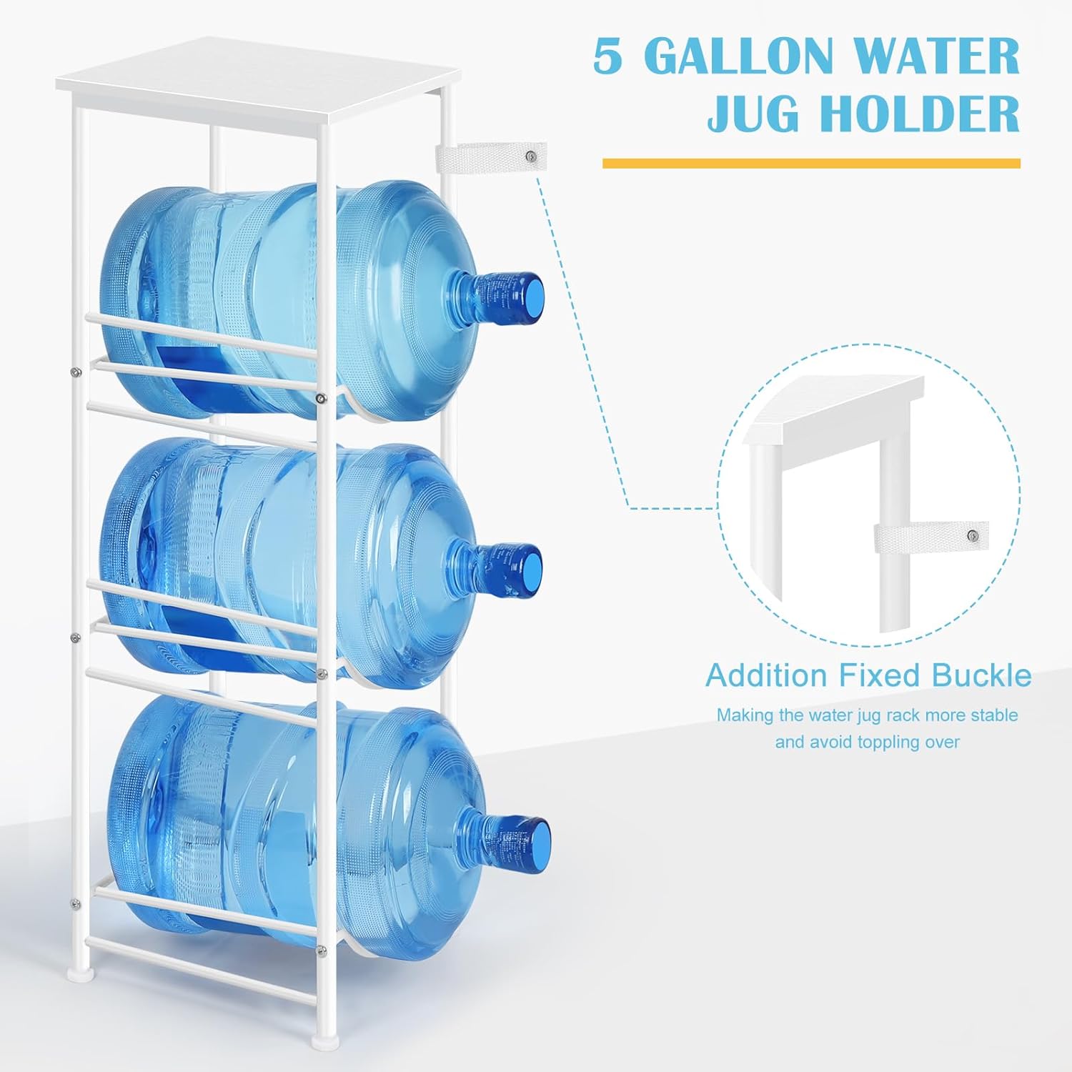 OYEAL 5 Gallon Water Bottle Jug Holder 3-Tier Water Bottle Holder Organizer with Top Shelf, Heavy Duty Water Dispenser Stand Rack for Kitchen Living Room Office, White