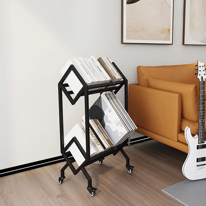 VEDECASA Bookshelf Book Rack Industrial Metal Bookcase 2 Tier Holder with Wheels Modern Stylish Design Magazines Files Album Recipe Book Storage Organizer for Sofa End Bed Beside