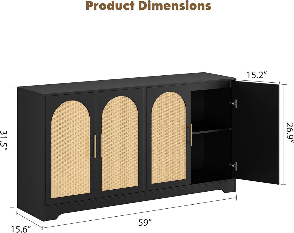 IDEALHOUSE 59" W Sideboard Buffet Cabinet- with 4 Rattan Doors, Large St...