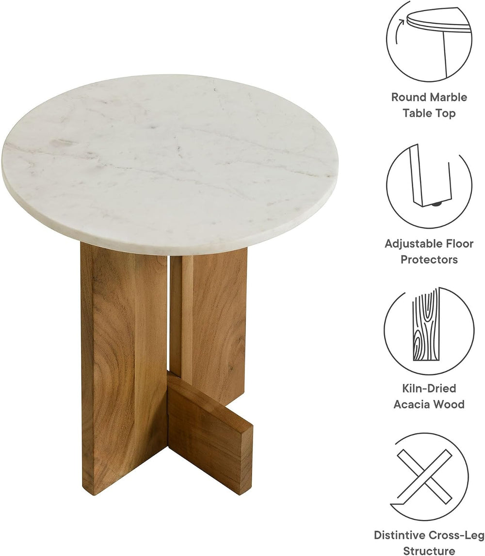 Modway Tarin Marble Top Side Table in Natural - Round Acacia Wood Living Room...