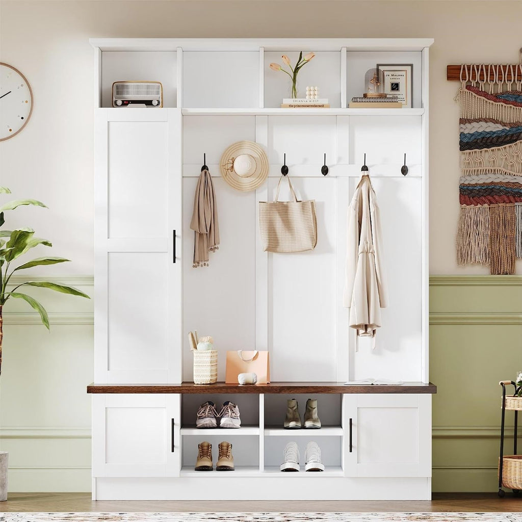 4-in-1 Hall Tree with Bench and Shoe Storage, Multi-functional Entryway Bench with Coat Rack, Storage Shelves, Shoe Cubbies, Adjustable Shelves, and 6 Hooks for Entryway, Hallway, White