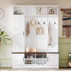 4-in-1 Hall Tree with Bench and Shoe Storage, Multi-functional Entryway Bench with Coat Rack, Storage Shelves, Shoe Cubbies, Adjustable Shelves, and 6 Hooks for Entryway, Hallway, White