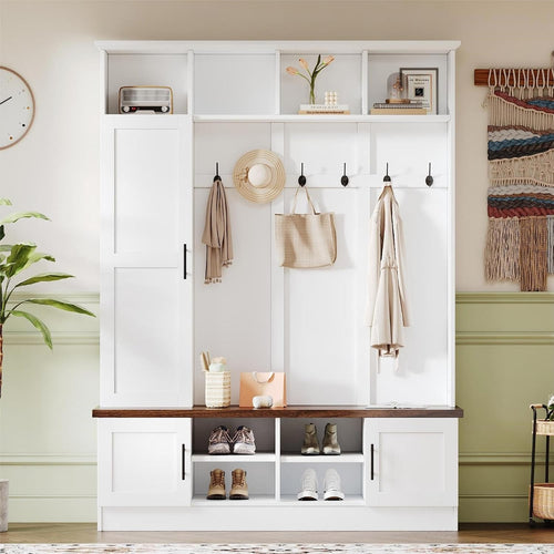 4-in-1 Hall Tree with Bench and Shoe Storage, Multi-functional Entryway Bench with Coat Rack, Storage Shelves, Shoe Cubbies, Adjustable Shelves, and 6 Hooks for Entryway, Hallway, White