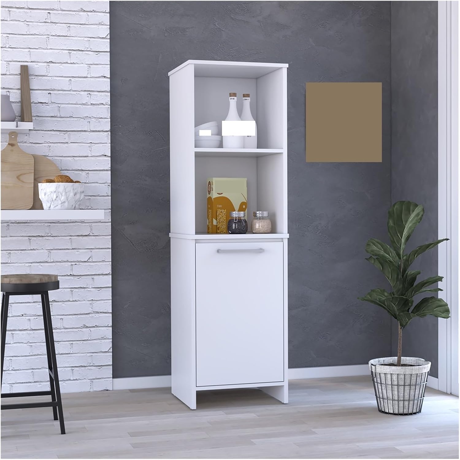 Kitchen Pantry, Two External Shelves, Single Door Cabinet, Two Interior Shelves White,for Kitchen