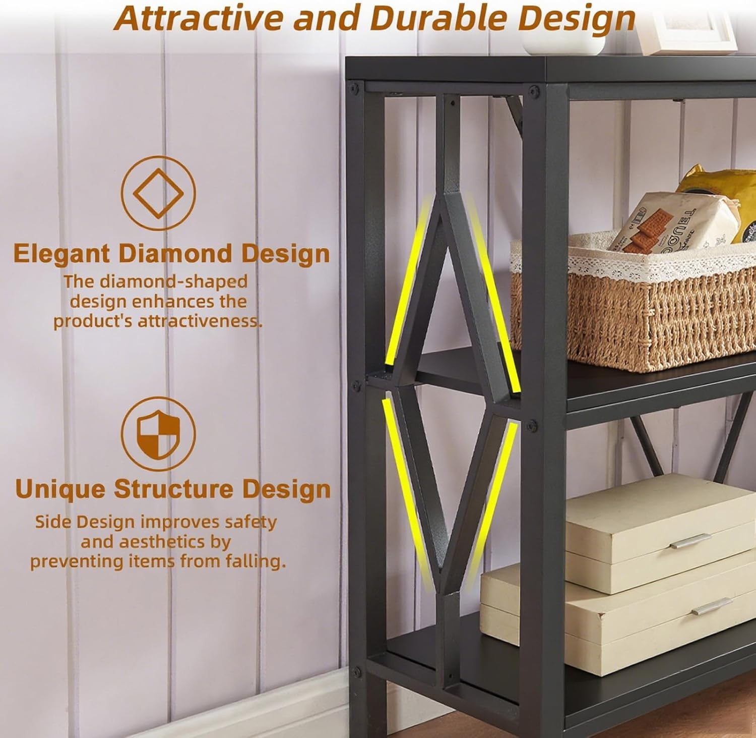 HOMISSUE Sofa Console Table, Rustic Console Table with 3-Tier Storage, Engineered Wood Sofa Tables with Open Shelves, Heavy Duty Entryway Tables for Living Room, Hallway (47 Inch, Black)