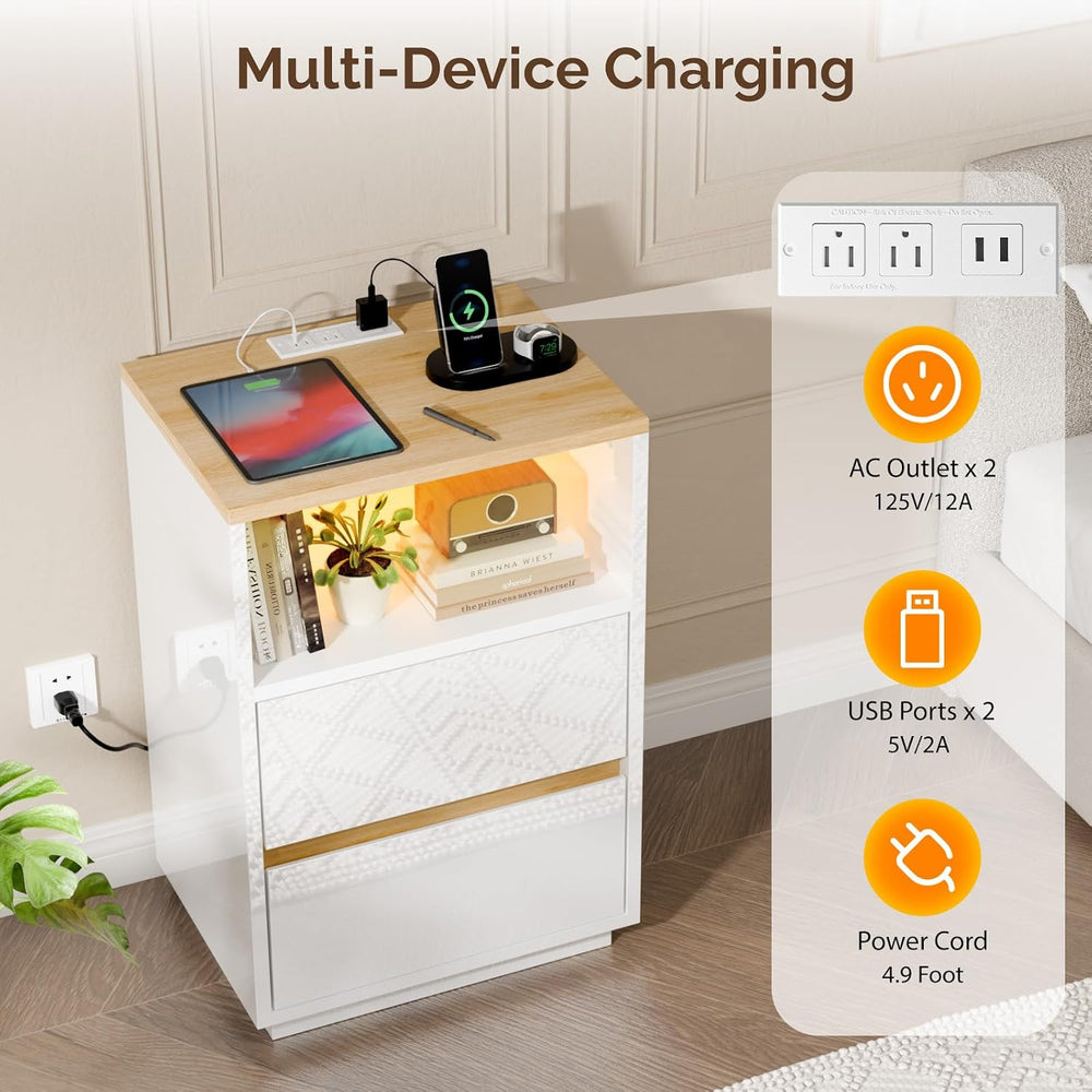 VINGLI White Nightstand with Charging Station, High Gloss Led Night Stand wit...