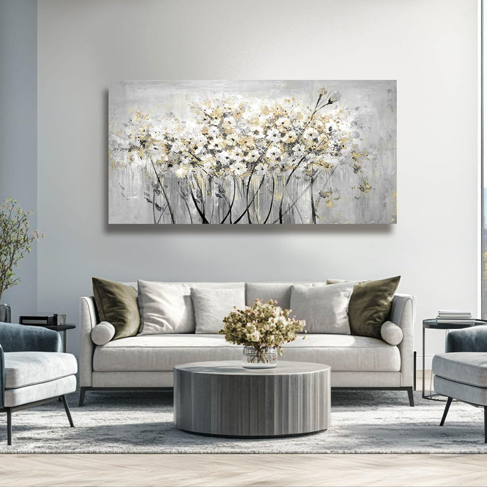 Framed Grey Green Flowers Floral Wall Art 24"x48" Artwork for Walls