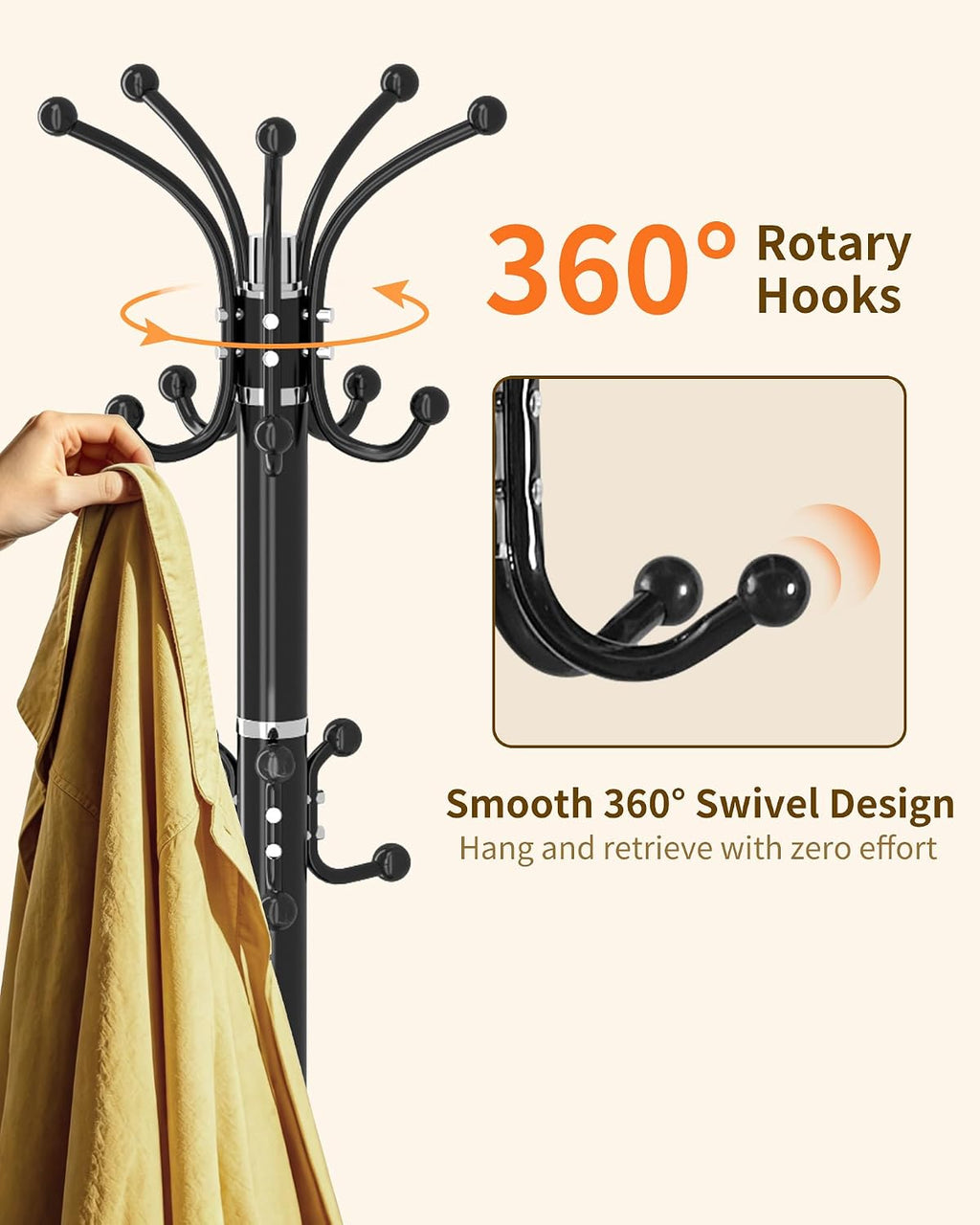 Metal Coat Rack, Modern Coat Rack Stand, 360°Rotary Coat Tree Stand | Heavy Duty Coat Rack Freestanding with Natural Marble Base, Black Clothes Tree Hanger Stand with 14 Hooks & Umbrella Holder
