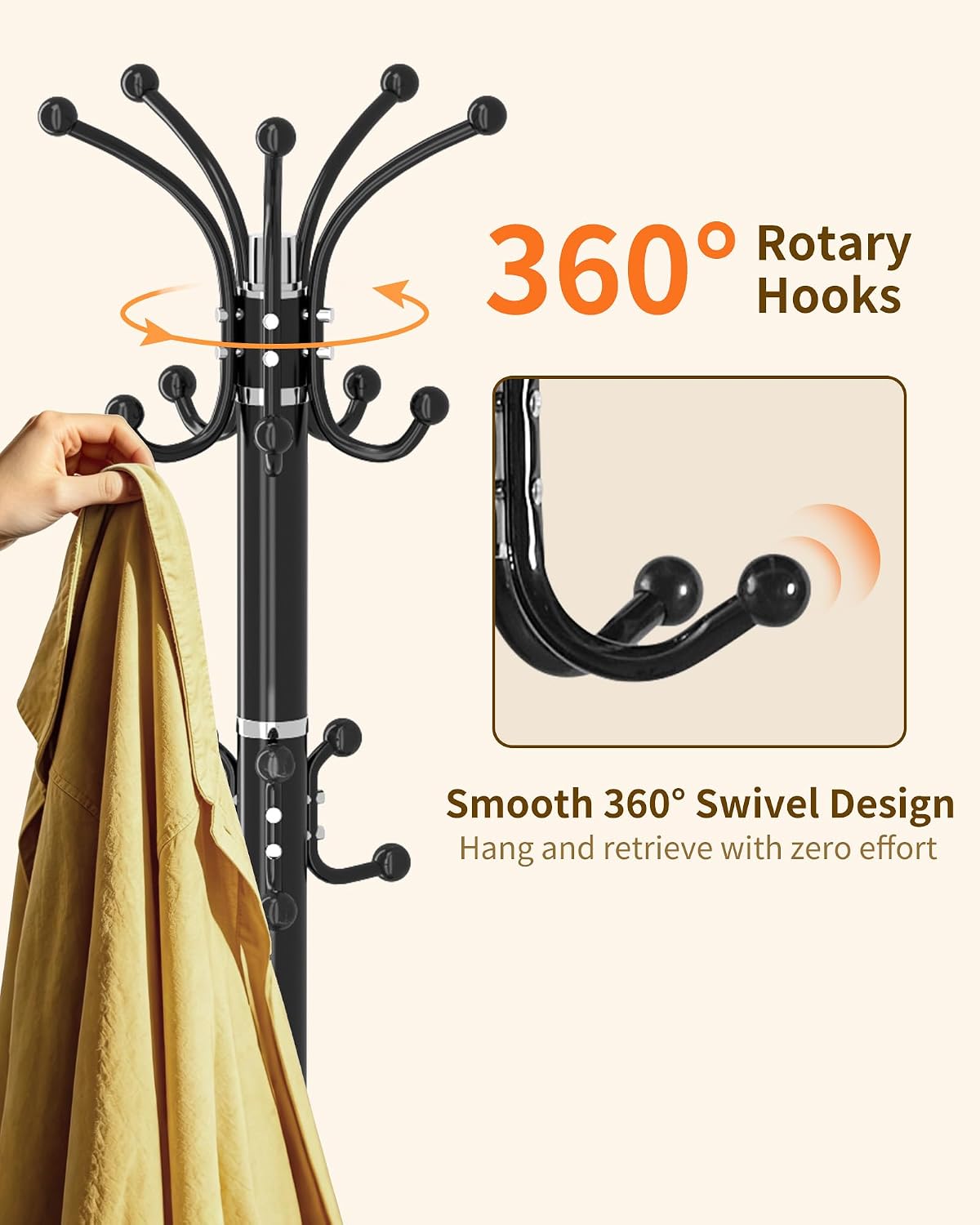 Metal Coat Rack, Modern Coat Rack Stand, 360°Rotary Coat Tree Stand | Heavy Duty Coat Rack Freestanding with Natural Marble Base, Black Clothes Tree Hanger Stand with 14 Hooks & Umbrella Holder