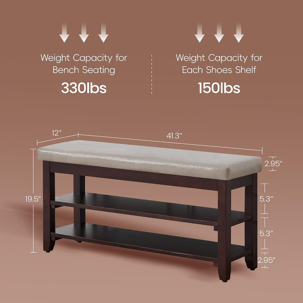 40" Shoe Bench with Leather Cushion, Upholstered Entryway Bench, Grey | ...