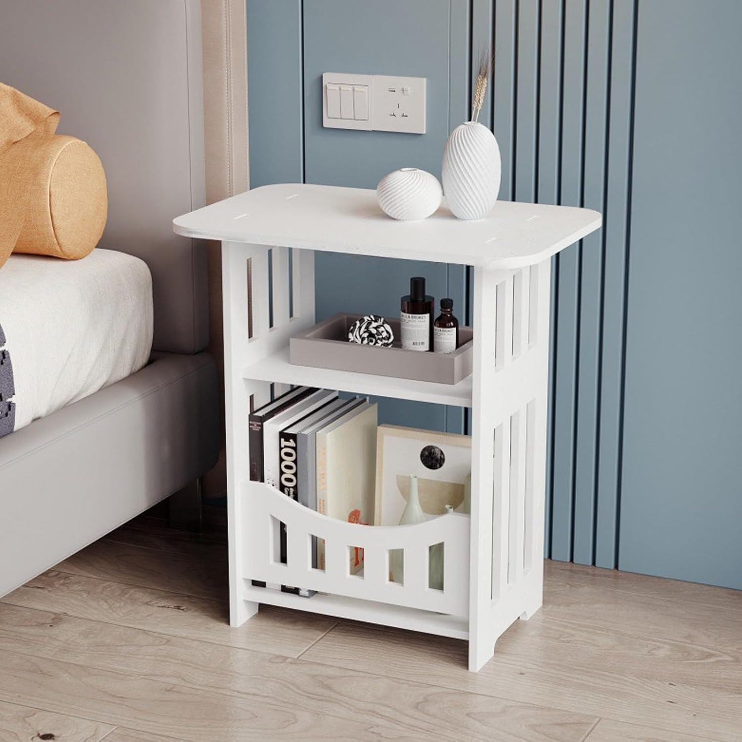 Night Stand Bedside Table Mini White Nightstand with Two Layers of Storage Side Tables Bedroom Furniture Small End Tables for Small Spaces Living Room Table 15.7x12.6x8.6in