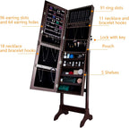 Uten Jewelry Armoire with Mirror, Lockable Large Jewelry Cabinet with Standing Mirror Jewelry Holder Organizer Storage, 4 Angle Adjustable, Perfect Christmas Gift (Brown)