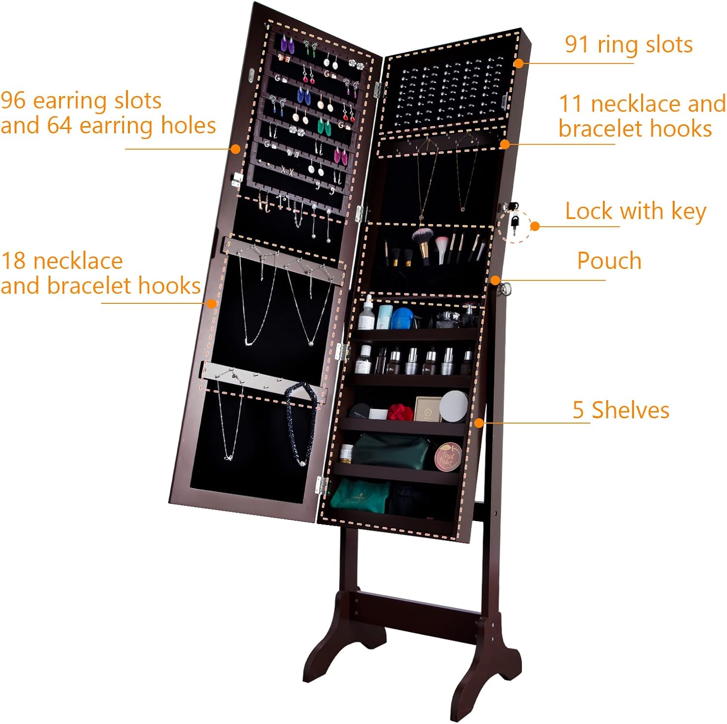 Uten Jewelry Armoire with Mirror, Lockable Large Jewelry Cabinet with Standing Mirror Jewelry Holder Organizer Storage, 4 Angle Adjustable, Perfect Christmas Gift (Brown)