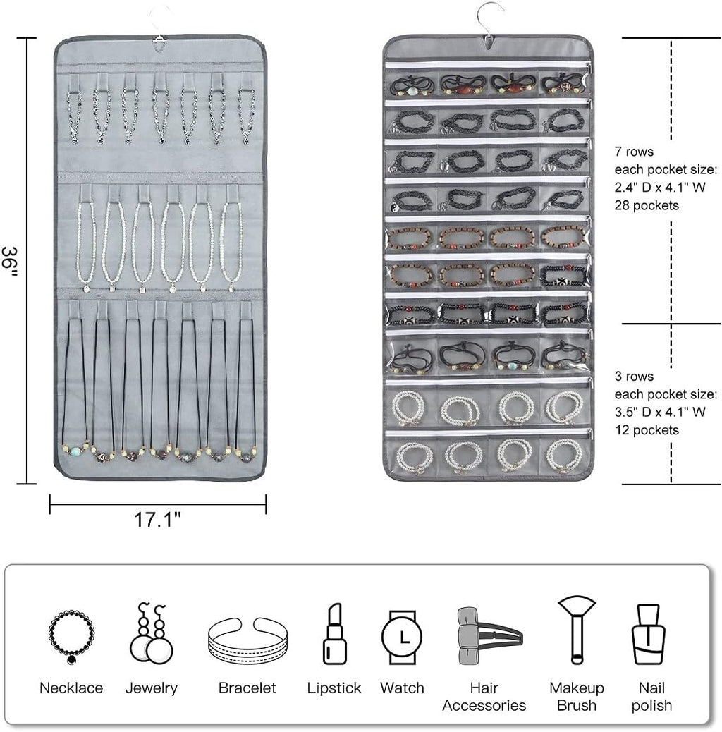 Dual-sided Hanging Jewelry Organizer with 40 Zippered Pockets and 20 Hook Loops Necklace Holder Jewelries Organizer for Earrings Bracelets Rings with 360 Degree Rotating Hanger (40 Zippered Pockets and 20 Hook Loops-Grey)