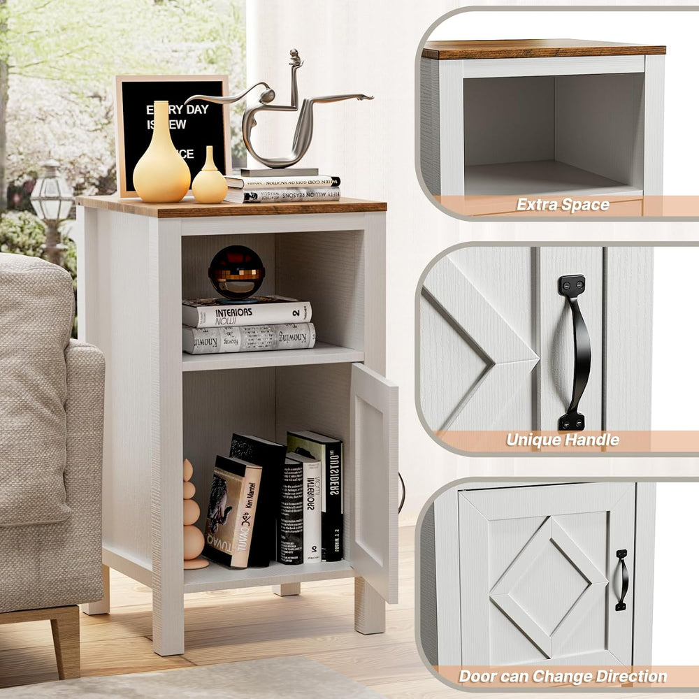 BVIUNTWO Set of 2 Modern White Side Tables with Cabinet & Open Department...
