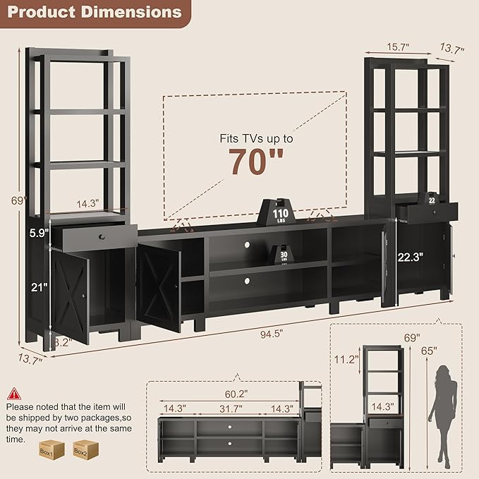 94" W Entertainment Center with Bookshelves & Storage, Large Wall Unit TV Stand for TVs up to 70", Modern White Wood Media Console with Power Hub for Living Room (Black)