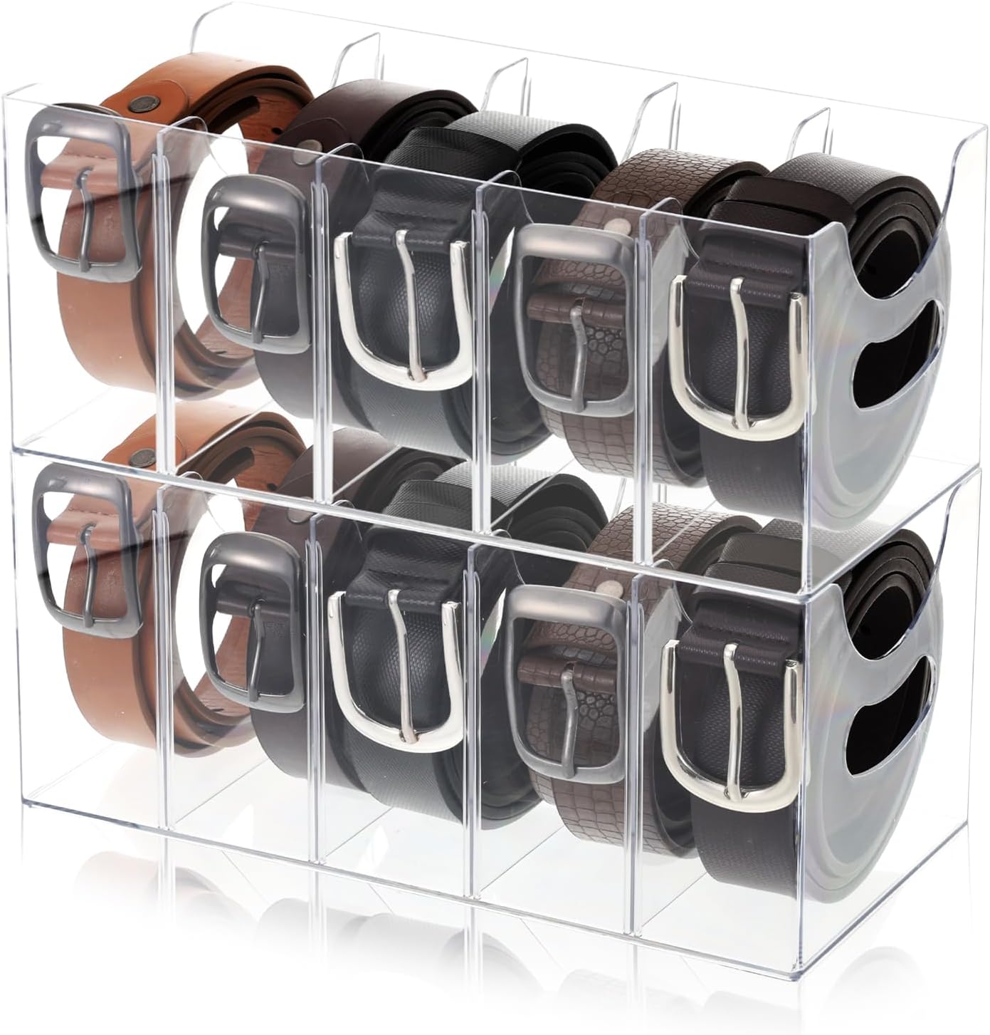 2 Pack Acrylic Belt Organizer Clear Stackable Belt Storage Holder Purse Organizer for Closet - 5 Compartments with Removable Dividers,Display Case Pantry Cabinet Organizers for Ties,Socks,Underwear
