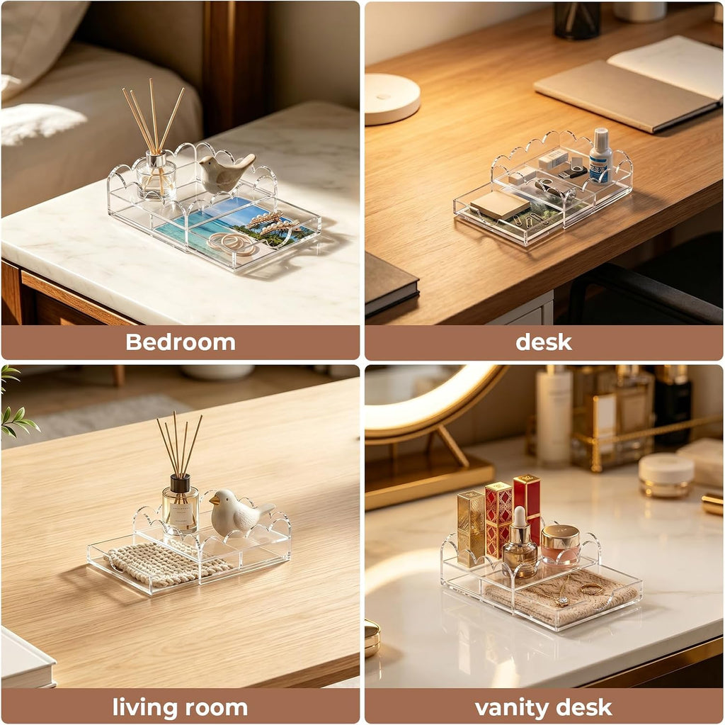 Scalloped Acrylic Tray, 5 x 5 Inch Clear Acrylic Tray with Drawer for Insert Needlepoint Photos, Organizer Tray for Vanity Perfume Jewelry Storage, Small Acrylic Decorative Tray for Home Decor Gift