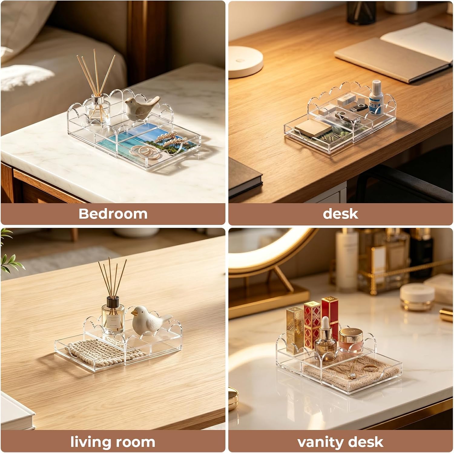 Scalloped Acrylic Tray, 5 x 5 Inch Clear Acrylic Tray with Drawer for Insert Needlepoint Photos, Organizer Tray for Vanity Perfume Jewelry Storage, Small Acrylic Decorative Tray for Home Decor Gift