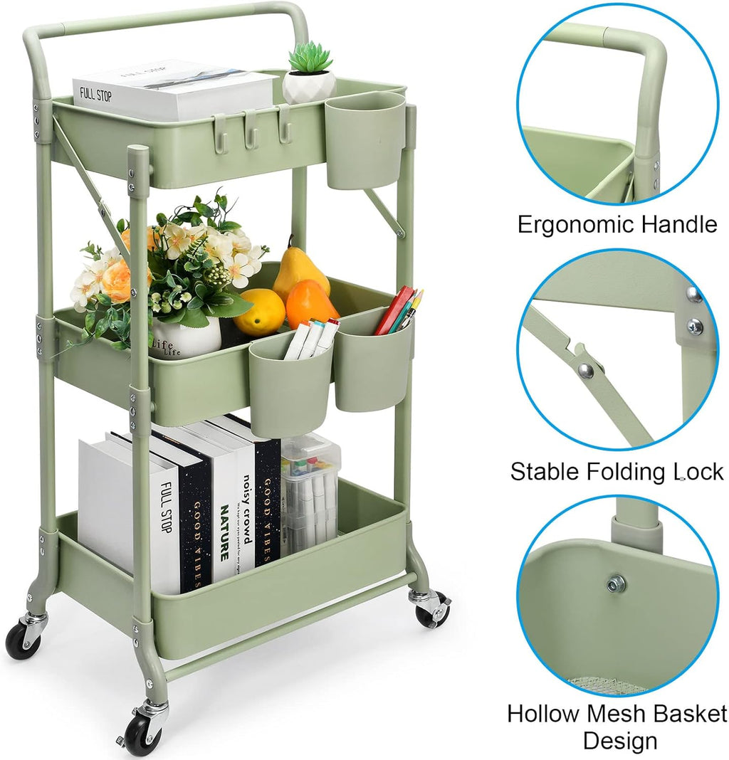 Foldable 3 Tier Rolling Cart, Metal Utility Cart, Folding Mobile Multi-Function Storage Trolley Organizer Cart for Home Library Office(Green)