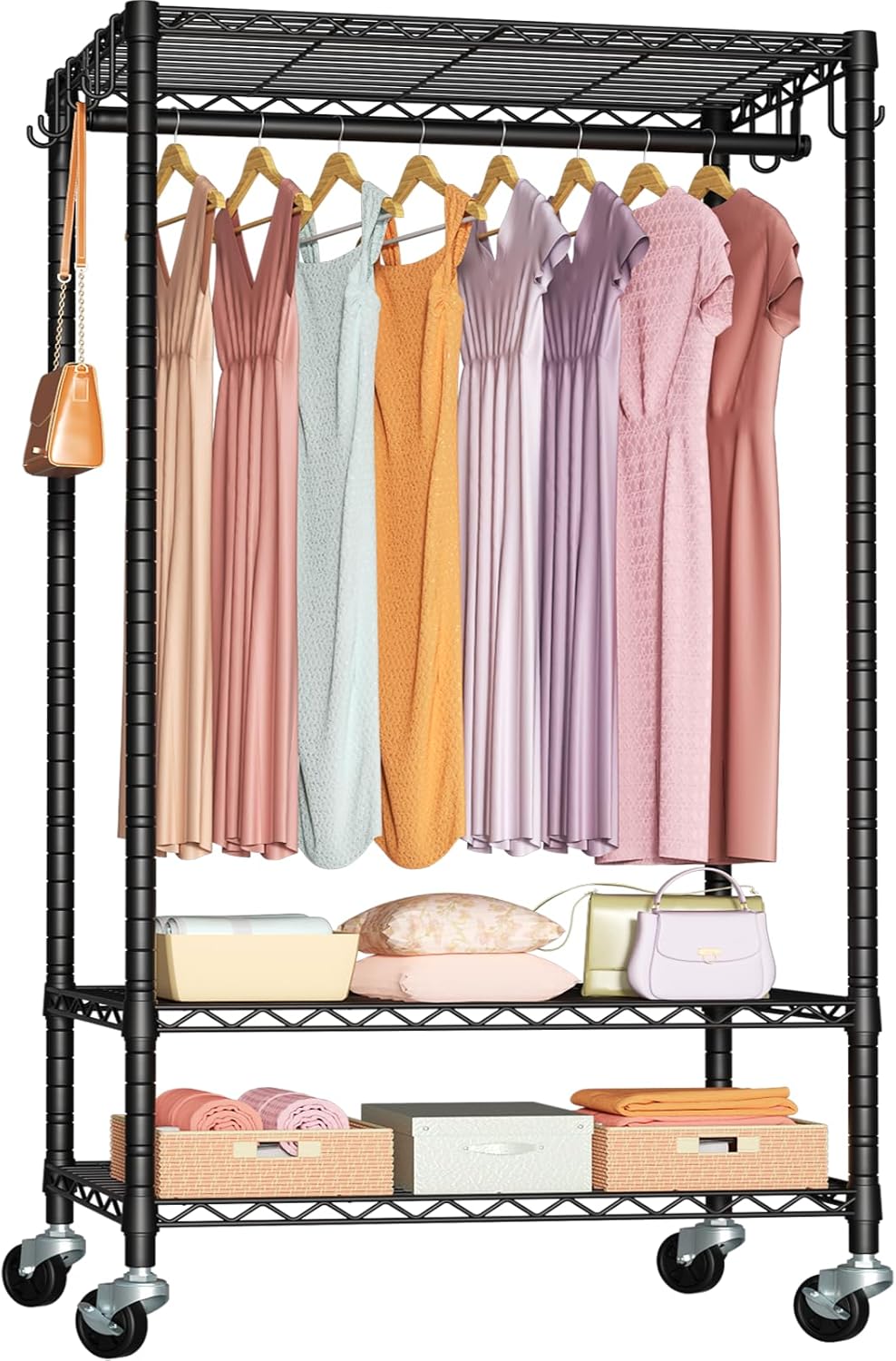 FUTASSI P6 Rolling Clothes Rack Heavy Duty, Clothing Racks for Hanging Clothes, Freestanding Garment Rack with Wheels, Portable Closet Rack Max Load 380 LBS, 35.5'' W x 14'' D x 74.6'' H, Black