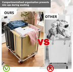 Commercial Laundry Cart with Wheels, 400L 2-Section Large Lanudry Hamper with Wheels, Heavy-Duty Rolling Laundry Cart with Silent Rubber & Waterproof Oxford Bags (Black Beige)