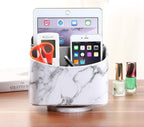PU Leather Remote Control Holder,360 Degree Spinning Desk TV Remote Caddy,Desk Organizers and Accessories,for Controller,Media,Mail,Calculator,Mobile Phone,Pen Storage Holder(White Marble)