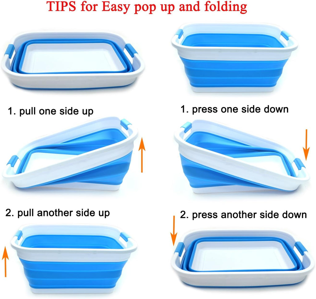 SAMMART Set of 2-41L(10.8 gallon) Collapsible Plastic Laundry Basket-Pop Up Storage Container-Portable Washing Tub-Space Saving Hamper/Basket, Water capacity:32L(8.4 gallon) (2 rectangular, Sky Blue)