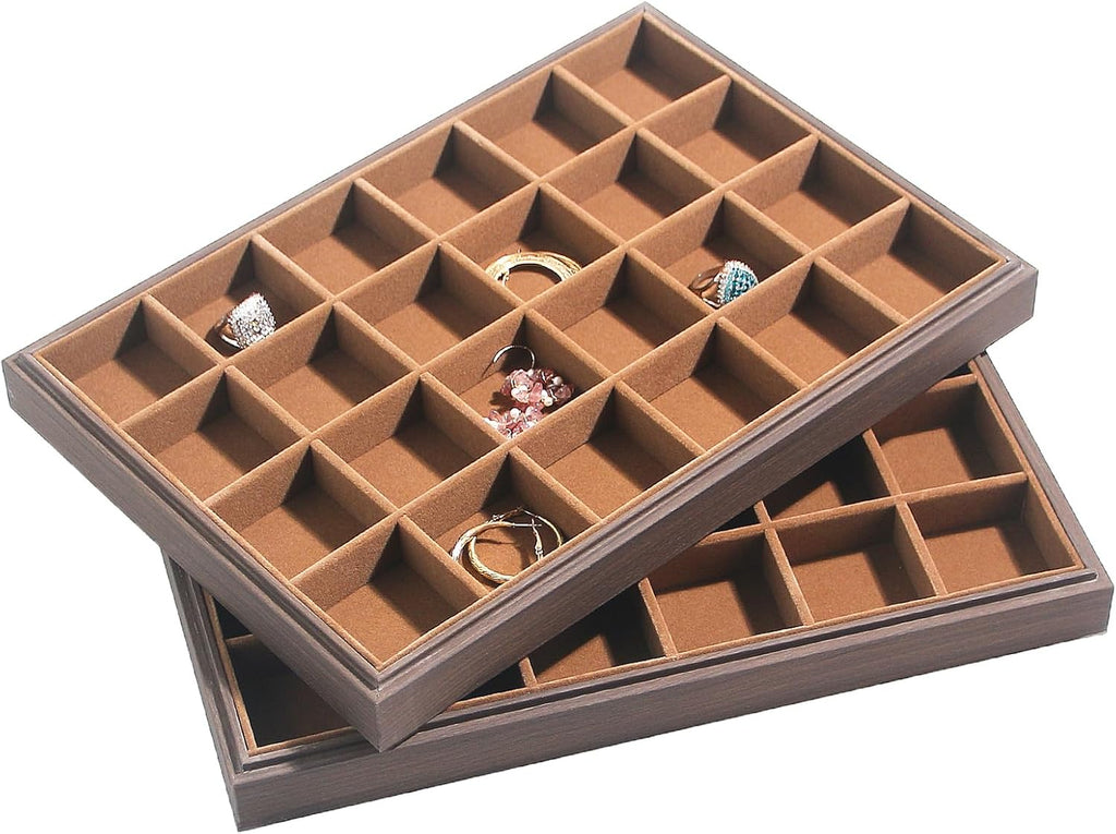 Wood Jewelry Organizer Tray, Earrings Holder (Brown, 2Pc, 24 Grids) | Stackable Earrings Organizer, Earrings Display Tray, 24 Grids Ring Holder, Space-Saving Storage