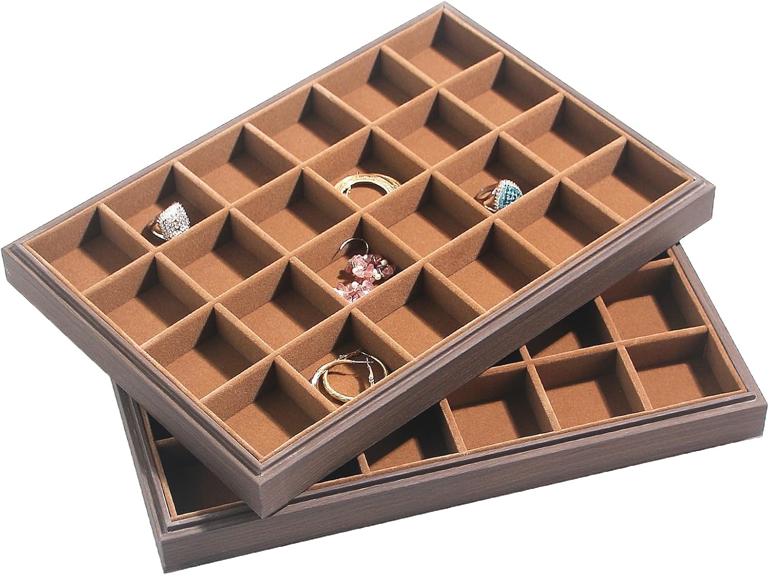 Wood Jewelry Organizer Tray, Earrings Holder (Brown, 2Pc, 24 Grids) | Stackable Earrings Organizer, Earrings Display Tray, 24 Grids Ring Holder, Space-Saving Storage