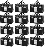 TAILI Extra Large Moving Bags, 12 Pack Black Heavy Duty Totes for Storage with Visible Window, Wrap Around Handles, Storage Bags for Space Saving, Alternative to Moving Boxes