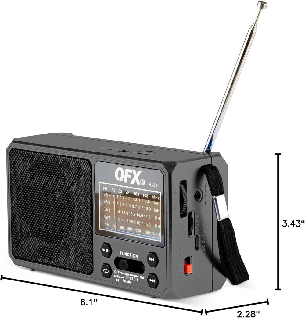 QFX R-37 6-Band (AM, FM, SW1 - SW4) Bluetooth LED Flashlight Solar Radio (202...