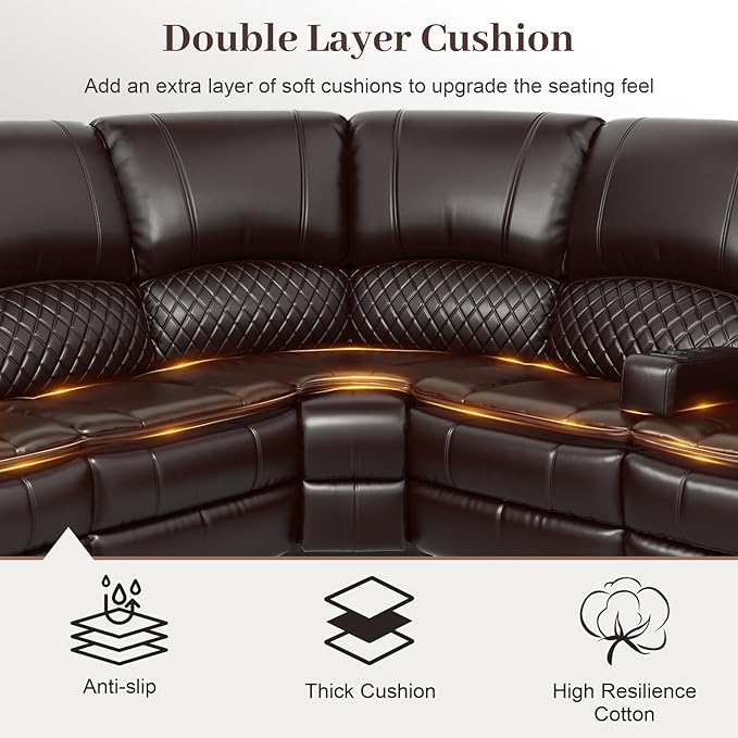 Manual Reclining Sectional Sofa Set, 5 Seats 1+1+3 Leather Reclining Corner Sectional Couch, Family-Sized L-Shaped Recliner Couch with USB Charging, Thickened Padding, Sturdy Frame, Brown