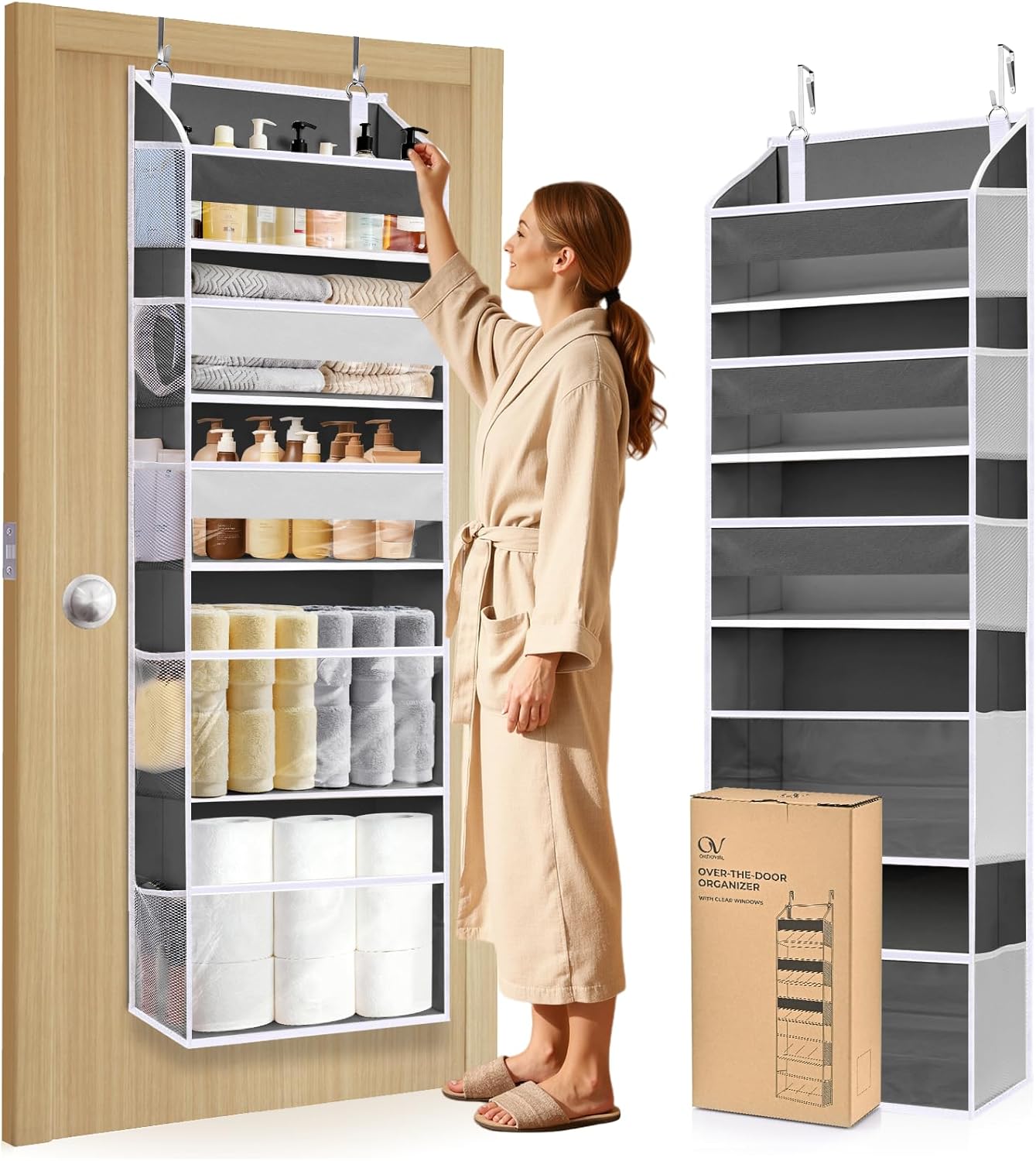 5 Tiers Over Door Organizer with 10 Mesh Side Pockets, 50 lbs Weight Capacity Hanging Storage Organizer with Clear Window Kids Toys, Shoes, Diapers, Dark Gray
