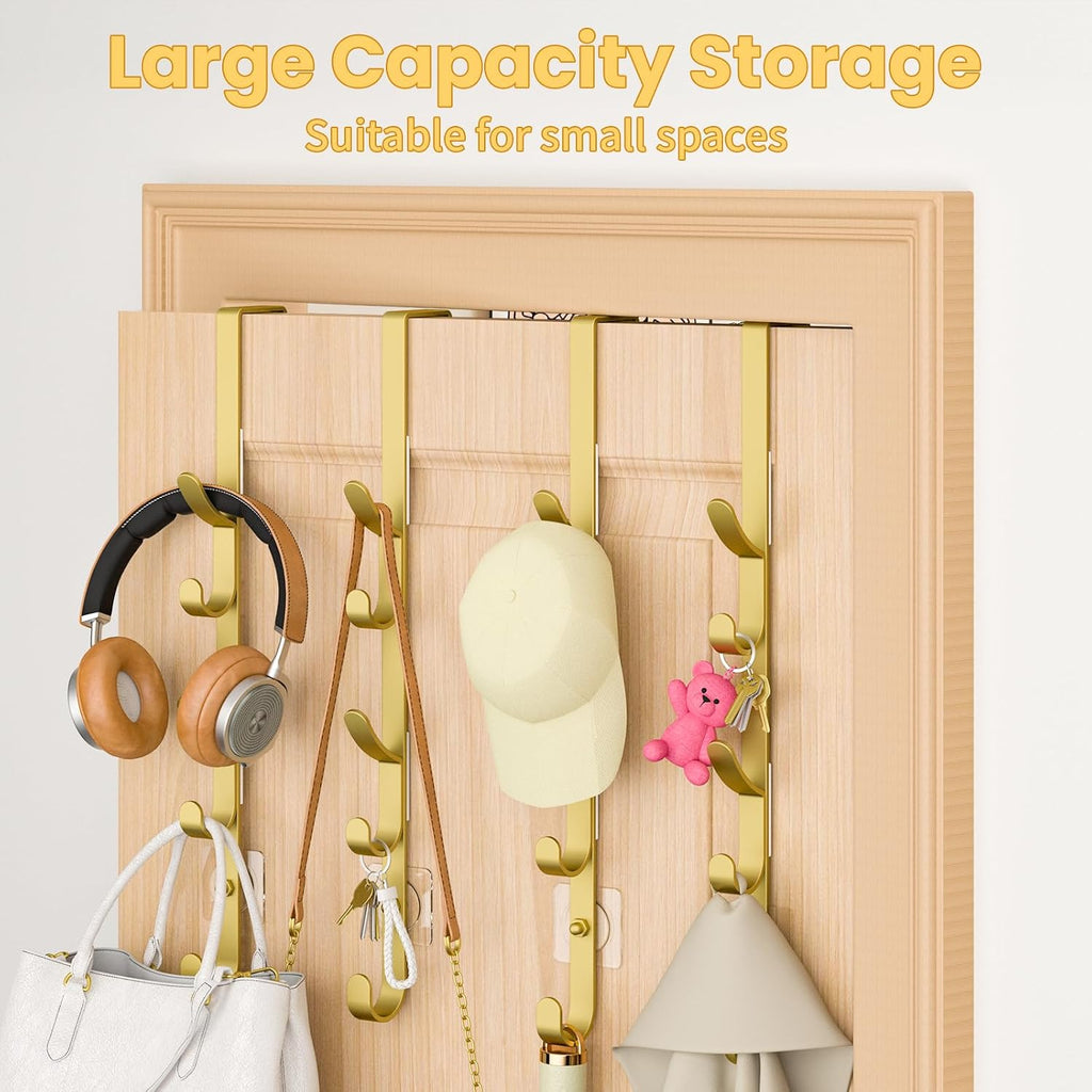 Over The Door Hooks, Metal Door Hooks for Hanging, Over The Door Purse Organizer for Door Coat Hanger, Back of Shower for Hanging Towel Rack Clothes, Hat, Bathroom, Closet (Gold-4Packs)