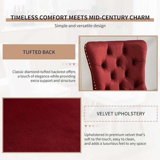 Mid Century Modern Dining Chairs Set of 6, Red Velvet Upholstered Tufted Back...