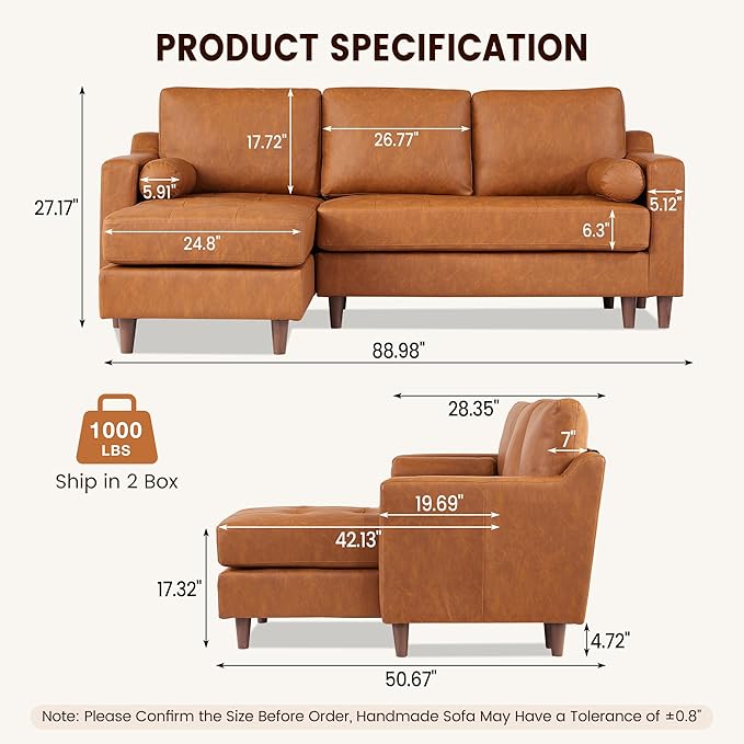 GarveeHome 88.9" L-Shape Sofa with Convertible Chaise, Sectional Leather Sofa with Deep Seat, Mid-Century Modern Sofa for Living Room, 3 Seat Leather Couch, Cognac Tan