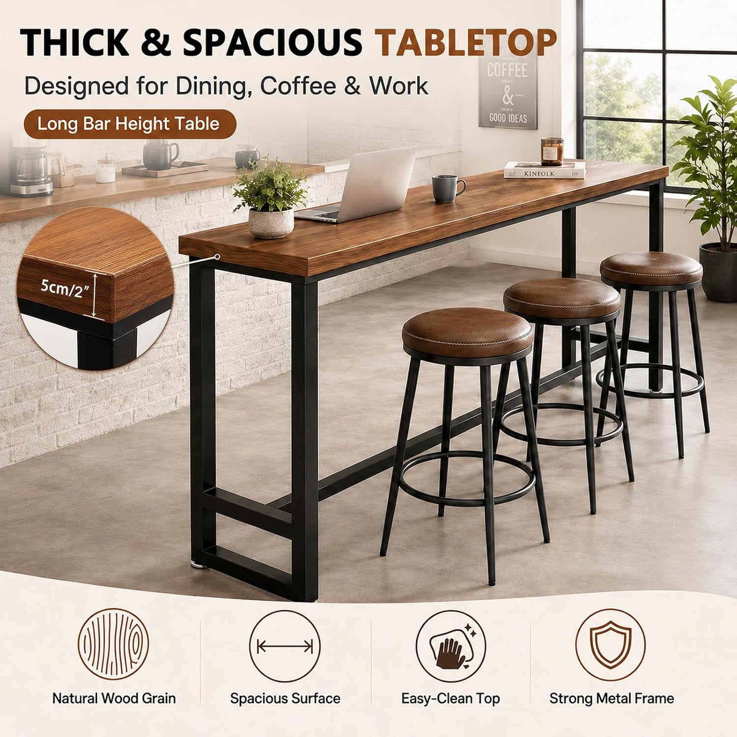 86.6" Solid Wood Bar Height Table - Long Narrow High Top Pub Table with 2" Thick Pine Top & Metal Legs, Farmhouse Counter Height for Kitchen, Breakfast Nook, Coffee Shop, No Stool