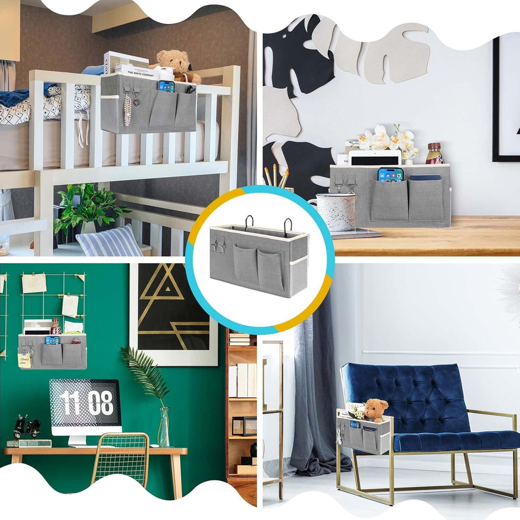1pcs Bedside Caddy Hanging Storage Bag, Organizer Baskets with Pockets for Bunk Bed Accessories, Loft & Dorm Rooms Chair Bed Rails (Grey-1pcs)