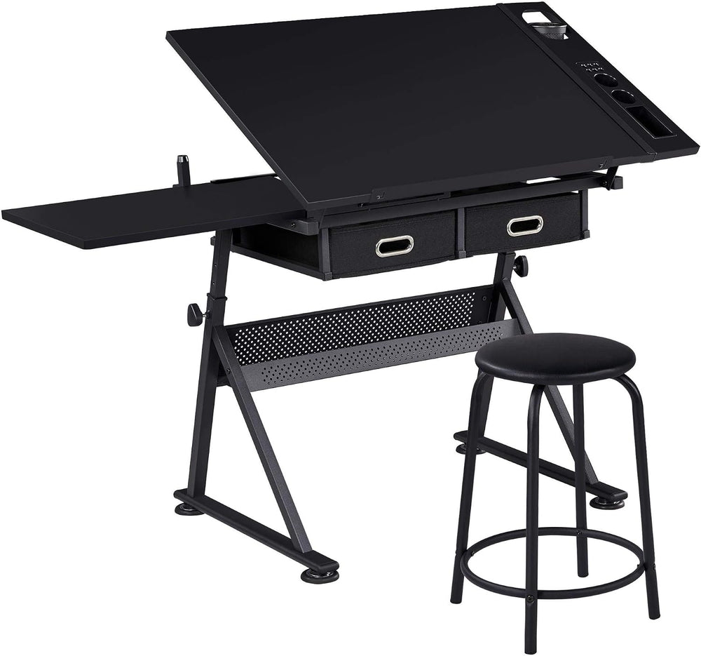 Yaheetech Adjustable Drafting Table Art Desk,Storage Drawers & Stool,Blac...