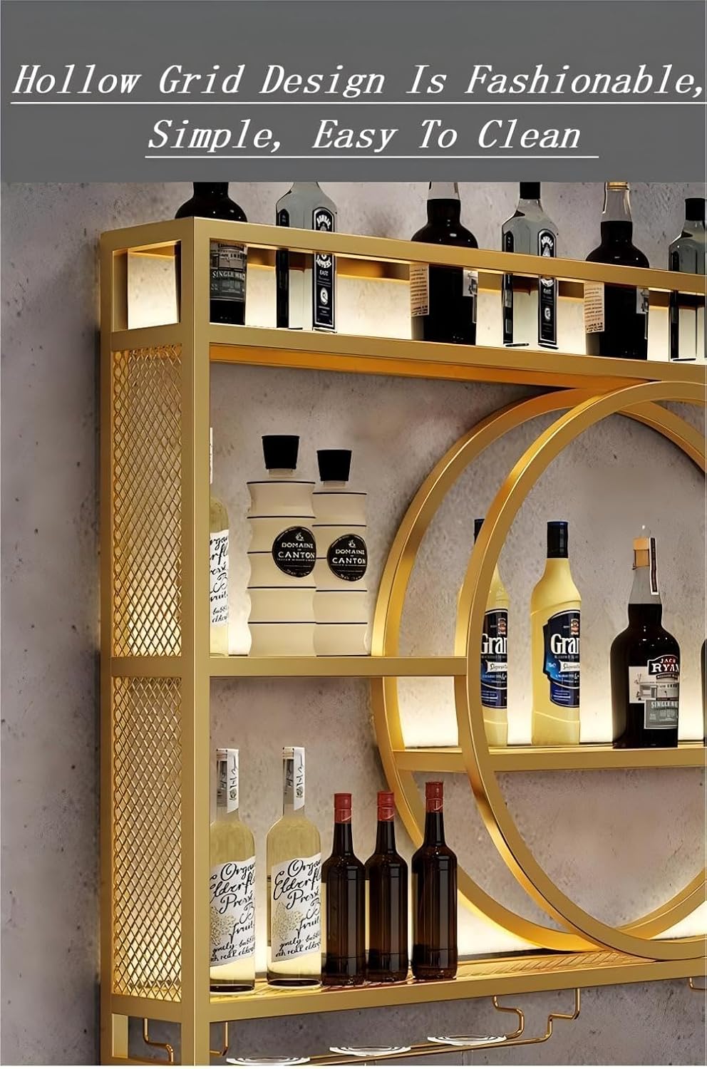 Wall Mounted Wine Rack with Light,3-Tier Metal Wine Bottle Shelf with Wine Glass Holder, Modern Bar Shelves Bar Liquor Bottle Display Shelf Multifunctional Wine Storage Rack for Home Bar (Black, 140)