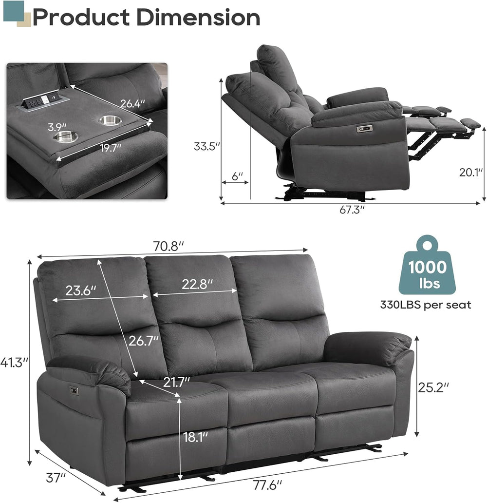 Reclining Sofa, Power Reclining Sofa with Drop-Down Table & Cup Holders, ...
