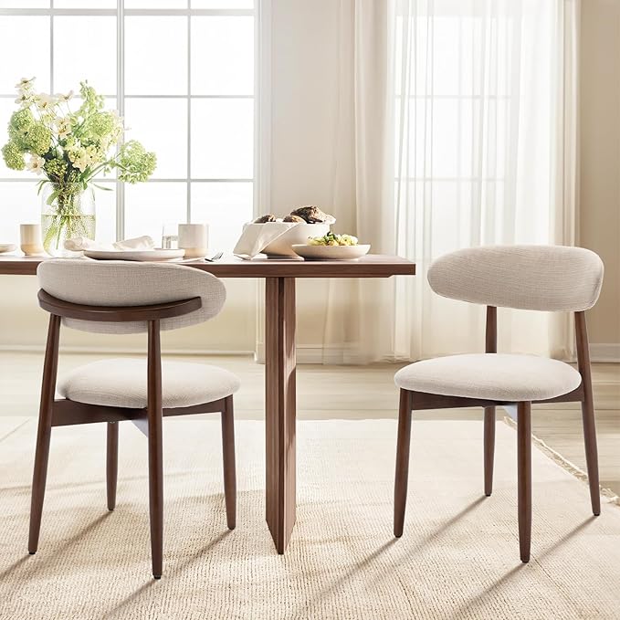 COLAMY Wooden Dining Chairs Set of 6, Modern Fabric Upholstered Dining Room Chair, Farmhouse Kitchen Side Chairs with Foot Pegs, Beige