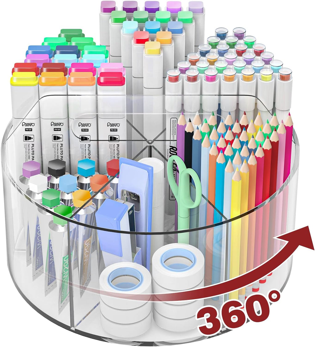 Absonic Acrylic Pen Holder Pencil Organizer, 360-Degree Rotating Pencil Holder, Crayon Organizers for Kids Marker Organizer Caddy Art Supply Kids Desk Organizers for Office Home School